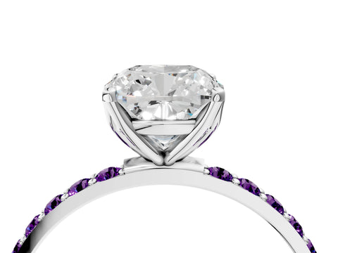 White gold Cushion Cut Diamond Solitaire Engagement Ring with Round with Amethyst side stone Pavé Band and Prong Setting_16