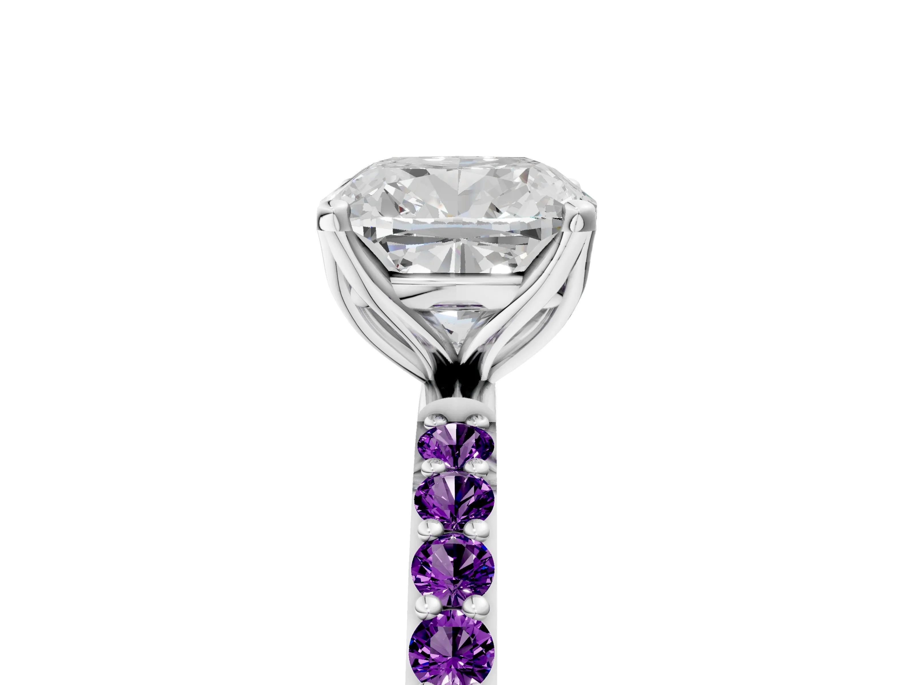 White gold Cushion Cut Diamond Solitaire Engagement Ring with Round with Amethyst side stone Pavé Band and Prong Setting_17
