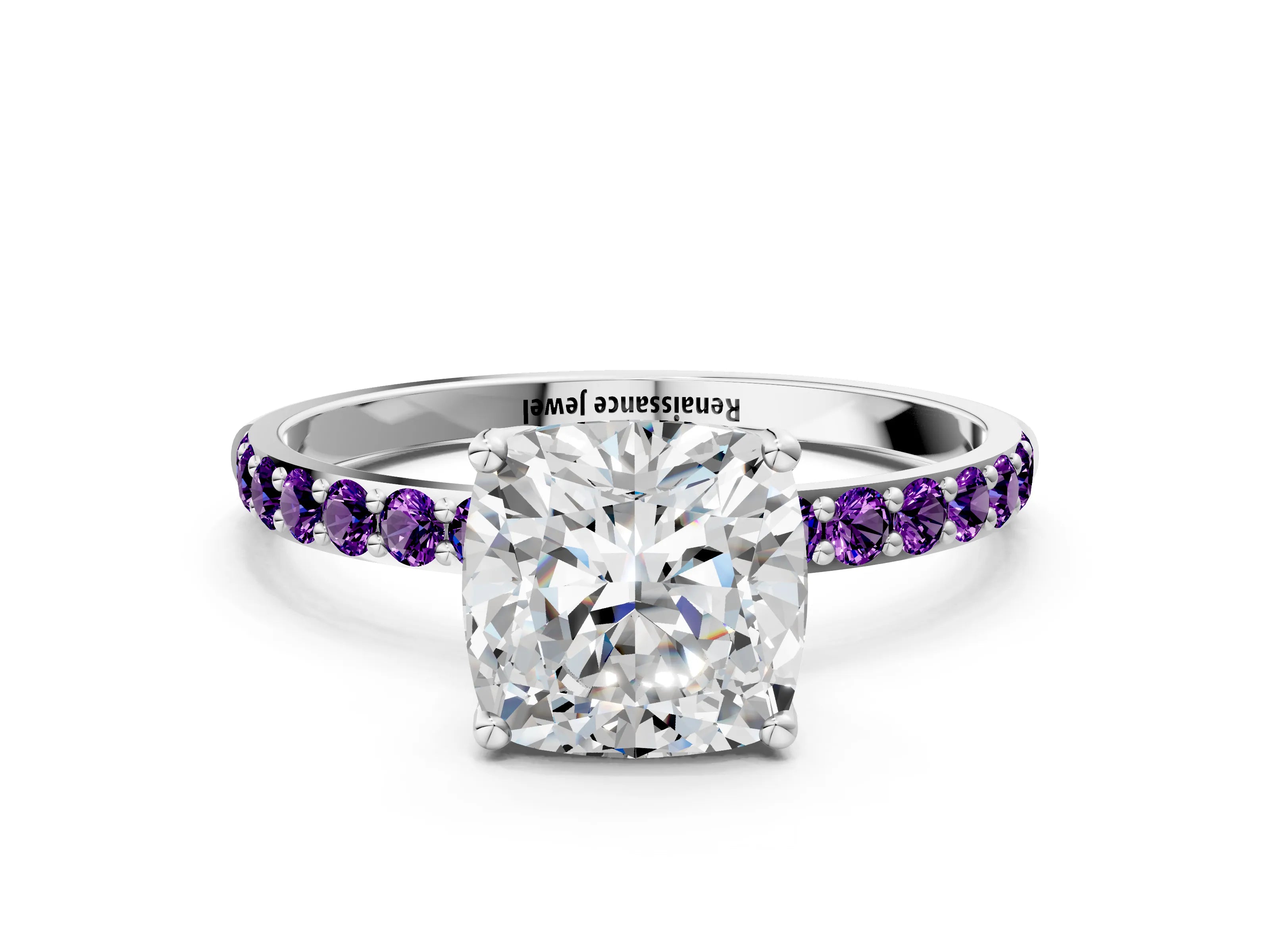 White gold Cushion Cut Diamond Solitaire Engagement Ring with Round with Amethyst side stone Pavé Band and Prong Setting_24