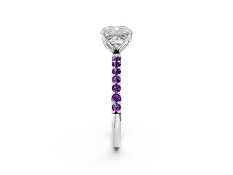 White gold Cushion Cut Diamond Solitaire Engagement Ring with Round with Amethyst side stone Pavé Band and Prong Setting_26