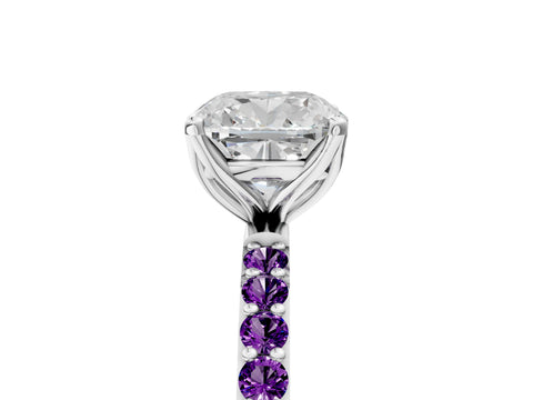 White gold Cushion Cut Diamond Solitaire Engagement Ring with Round with Amethyst side stone Pavé Band and Prong Setting_29