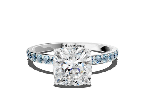 White gold Cushion Cut Diamond Solitaire Engagement Ring with Round with Aquamarine side stone Pavé Band and Prong Setting_12