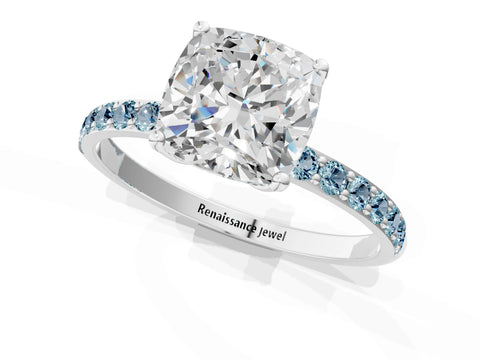 White gold Cushion Cut Diamond Solitaire Engagement Ring with Round with Aquamarine side stone Pavé Band and Prong Setting_13