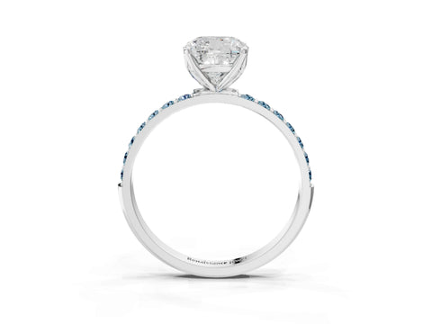 White gold Cushion Cut Diamond Solitaire Engagement Ring with Round with Aquamarine side stone Pavé Band and Prong Setting_15