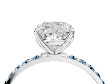 White gold Cushion Cut Diamond Solitaire Engagement Ring with Round with Aquamarine side stone Pavé Band and Prong Setting_16