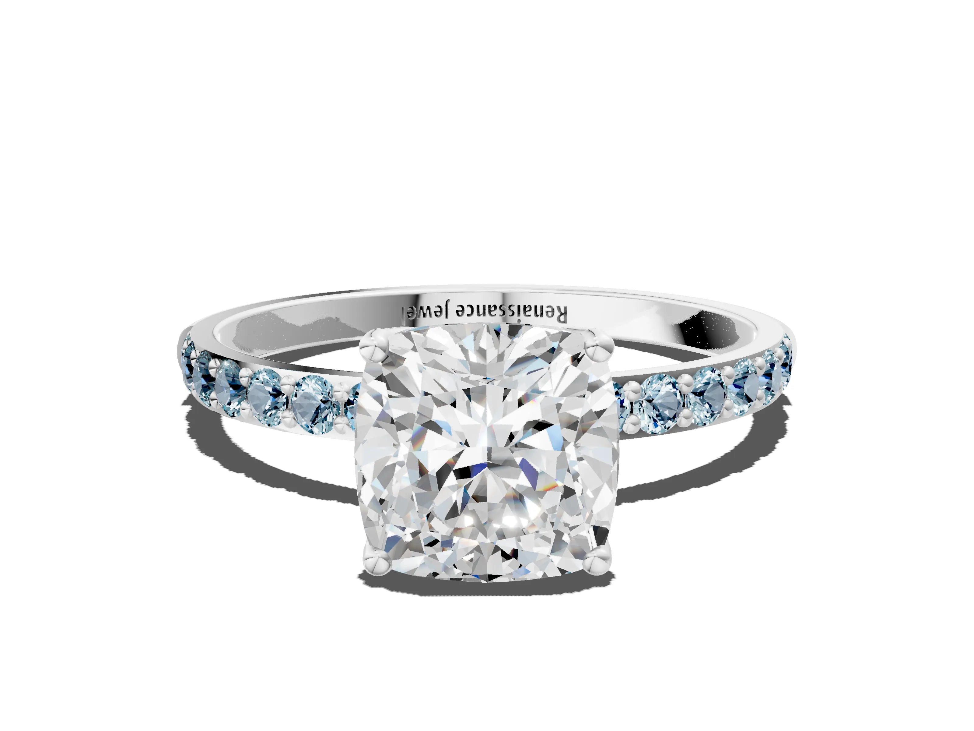 White gold Cushion Cut Diamond Solitaire Engagement Ring with Round with Aquamarine side stone Pavé Band and Prong Setting_24