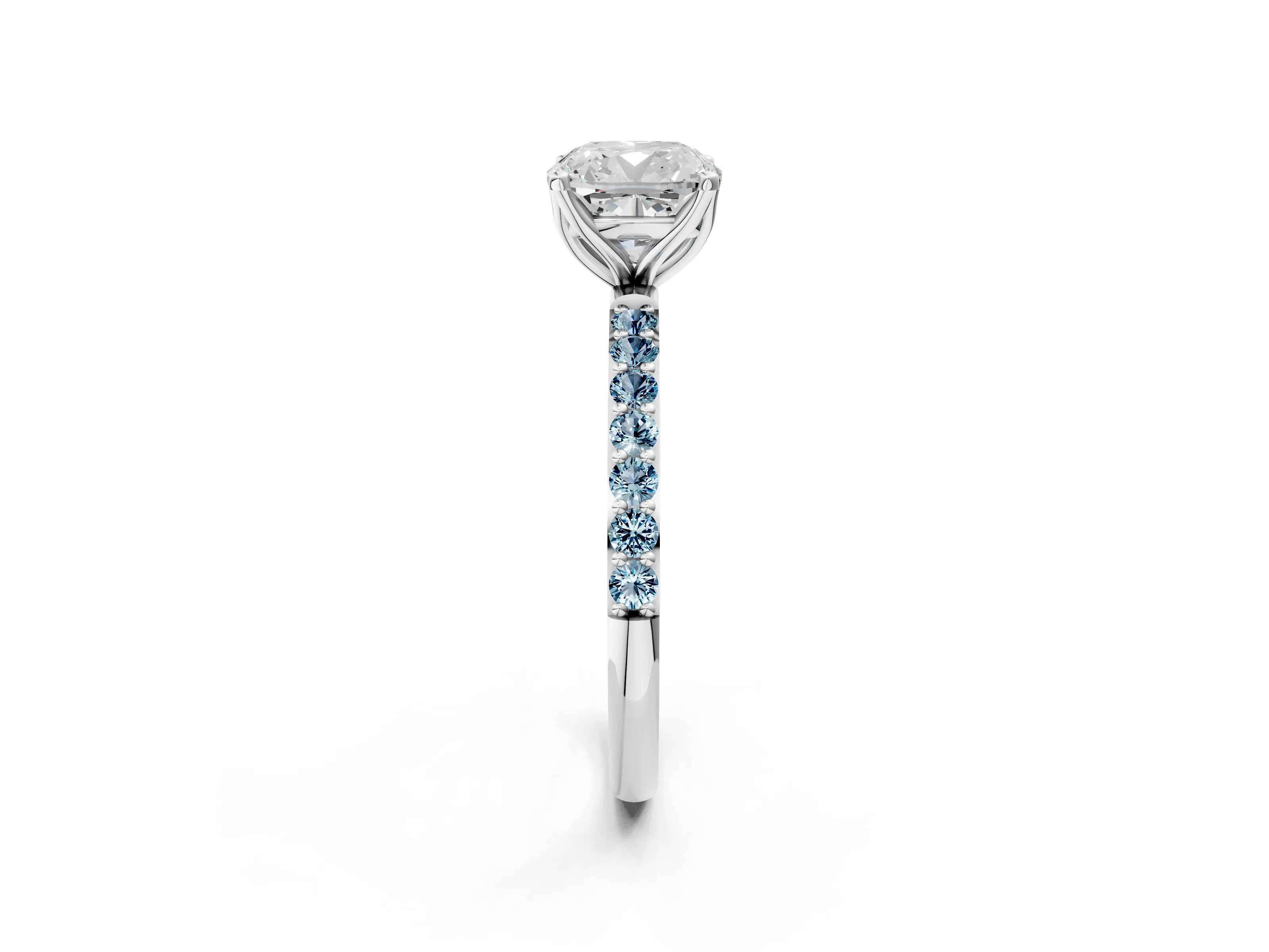 White gold Cushion Cut Diamond Solitaire Engagement Ring with Round with Aquamarine side stone Pavé Band and Prong Setting_26
