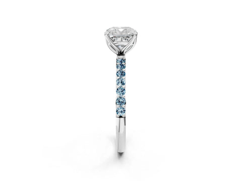 White gold Cushion Cut Diamond Solitaire Engagement Ring with Round with Aquamarine side stone Pavé Band and Prong Setting_26