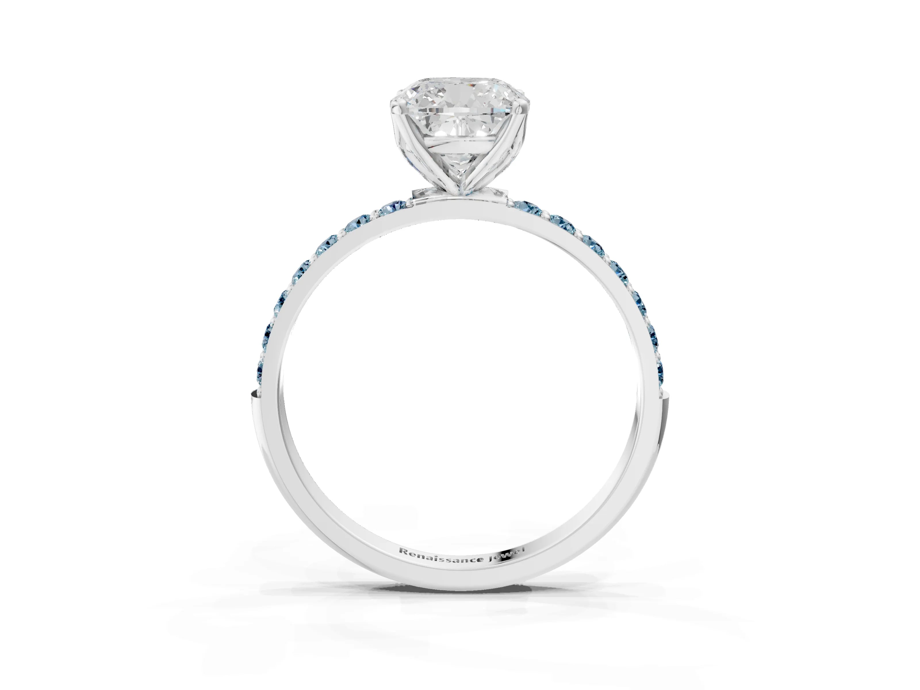 White gold Cushion Cut Diamond Solitaire Engagement Ring with Round with Aquamarine side stone Pavé Band and Prong Setting_27