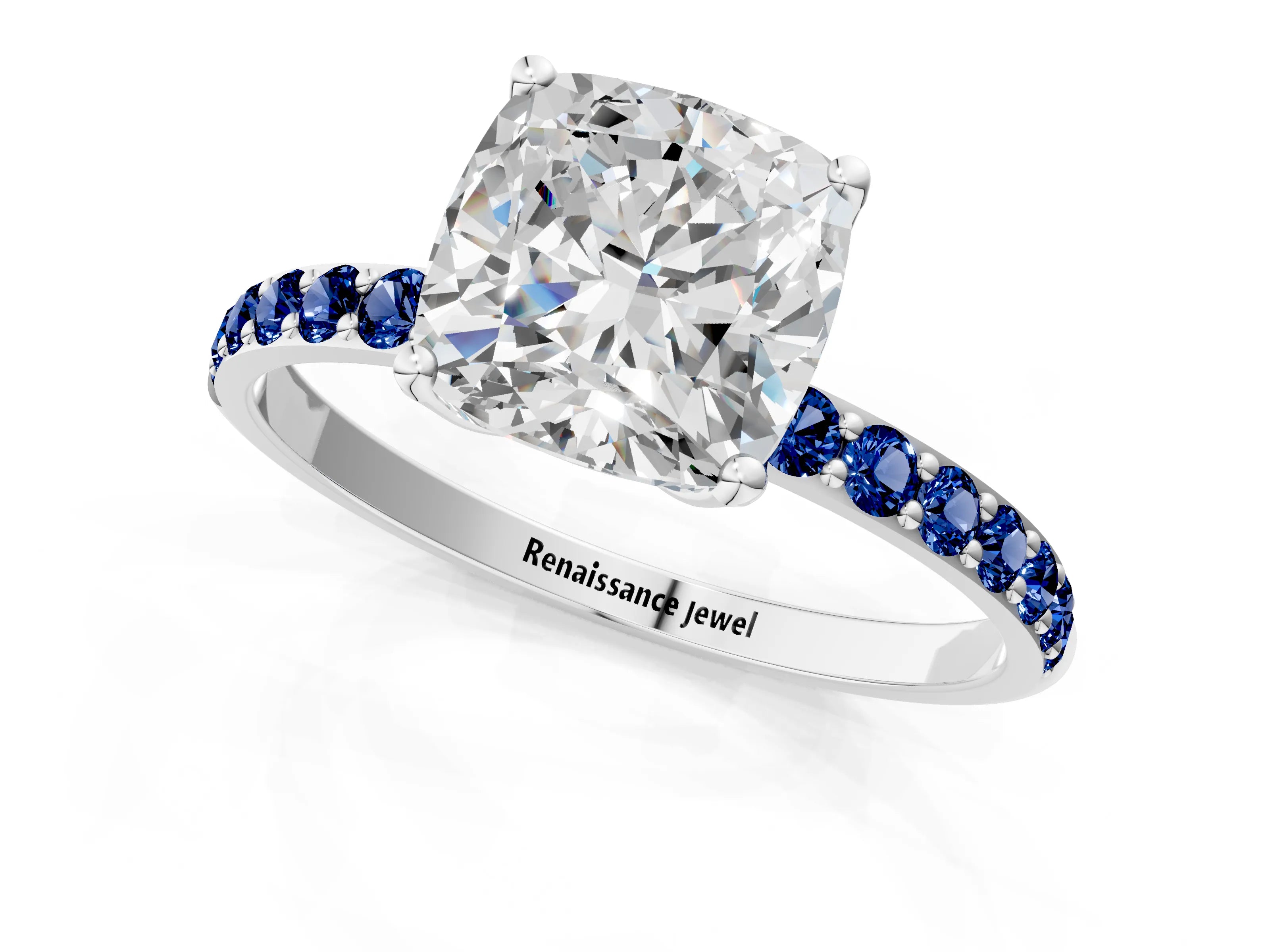 White gold Cushion Cut Diamond Solitaire Engagement Ring with Round with Blue Sapphire side stone Pavé Band and Prong Setting_13