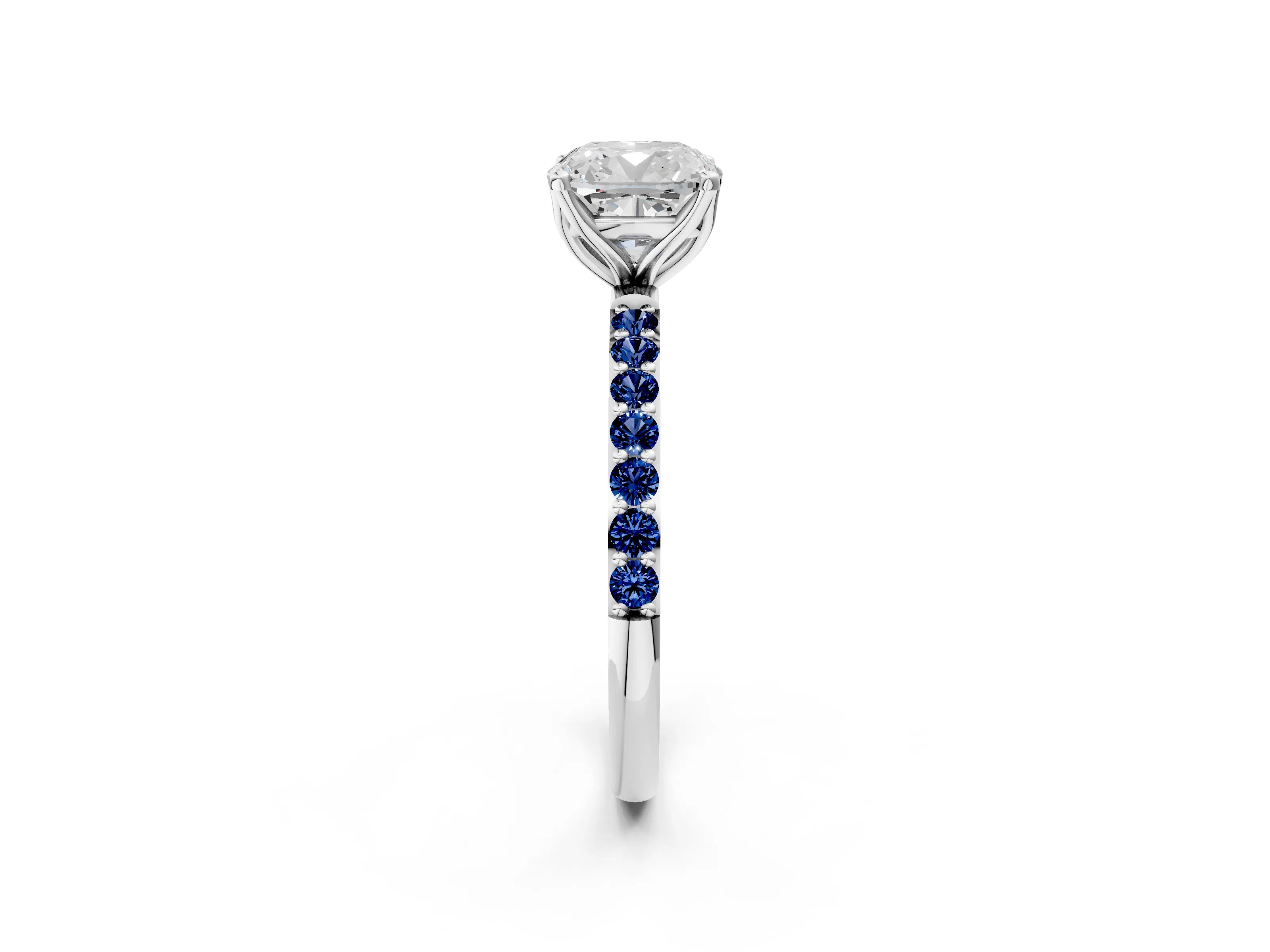 White gold Cushion Cut Diamond Solitaire Engagement Ring with Round with Blue Sapphire side stone Pavé Band and Prong Setting_14