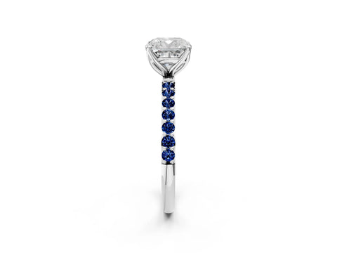 White gold Cushion Cut Diamond Solitaire Engagement Ring with Round with Blue Sapphire side stone Pavé Band and Prong Setting_14