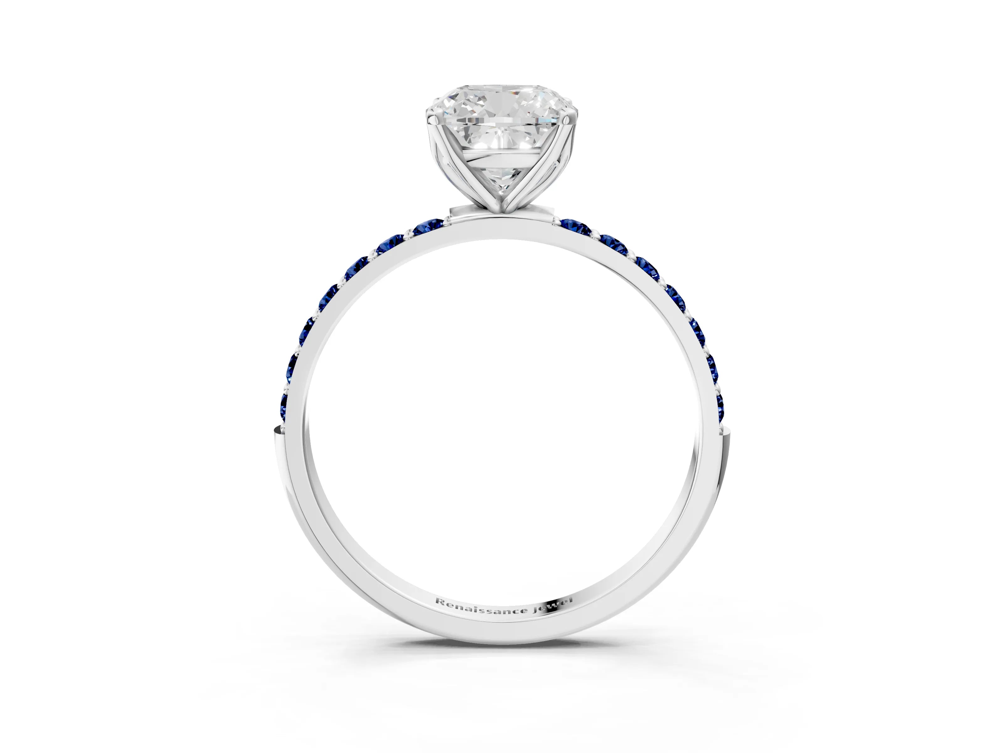 White gold Cushion Cut Diamond Solitaire Engagement Ring with Round with Blue Sapphire side stone Pavé Band and Prong Setting_15