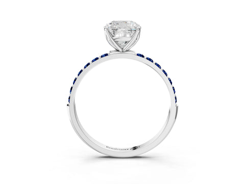 White gold Cushion Cut Diamond Solitaire Engagement Ring with Round with Blue Sapphire side stone Pavé Band and Prong Setting_15