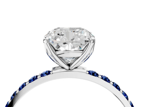 White gold Cushion Cut Diamond Solitaire Engagement Ring with Round with Blue Sapphire side stone Pavé Band and Prong Setting_16