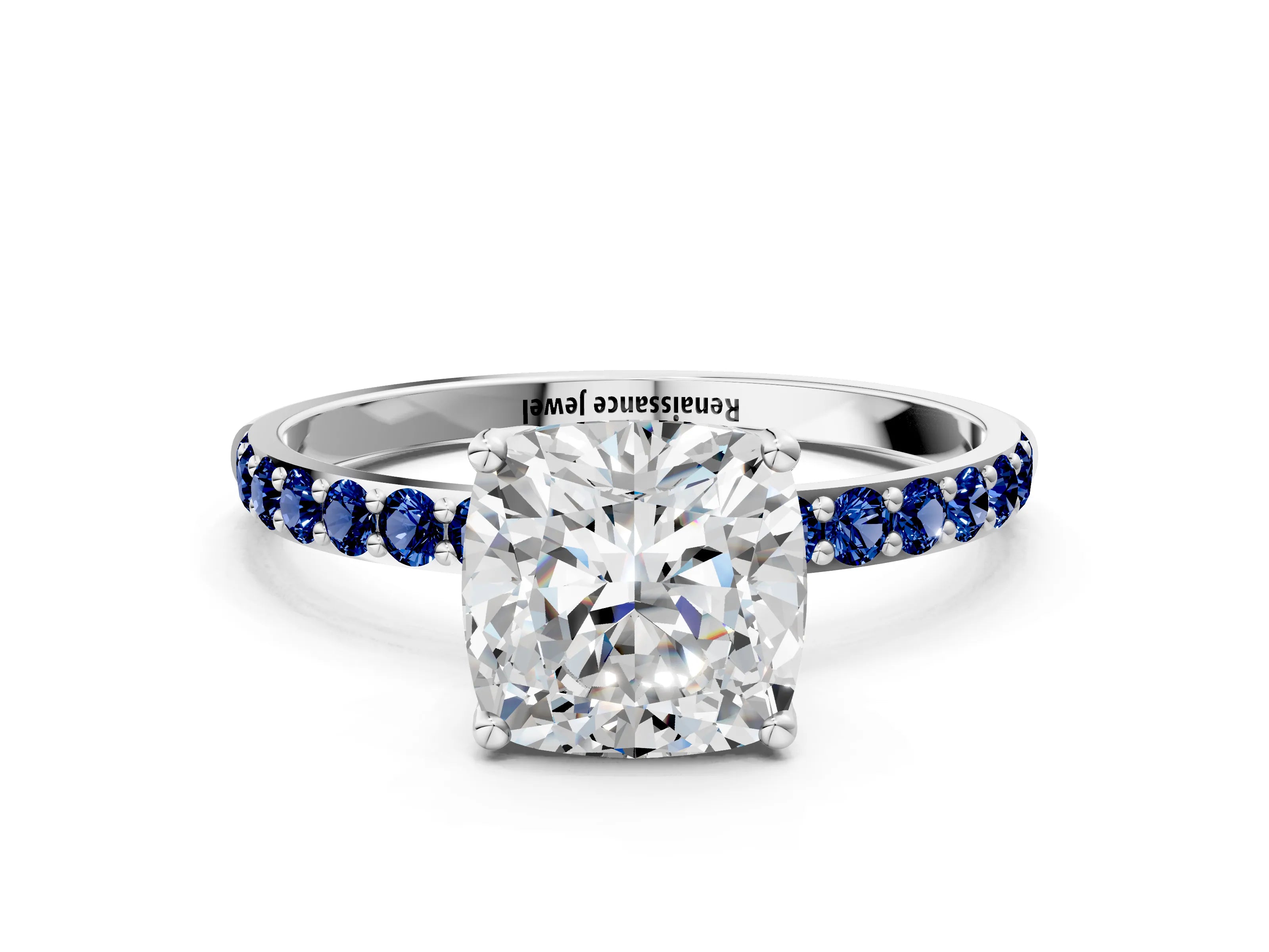 White gold Cushion Cut Diamond Solitaire Engagement Ring with Round with Blue Sapphire side stone Pavé Band and Prong Setting_24