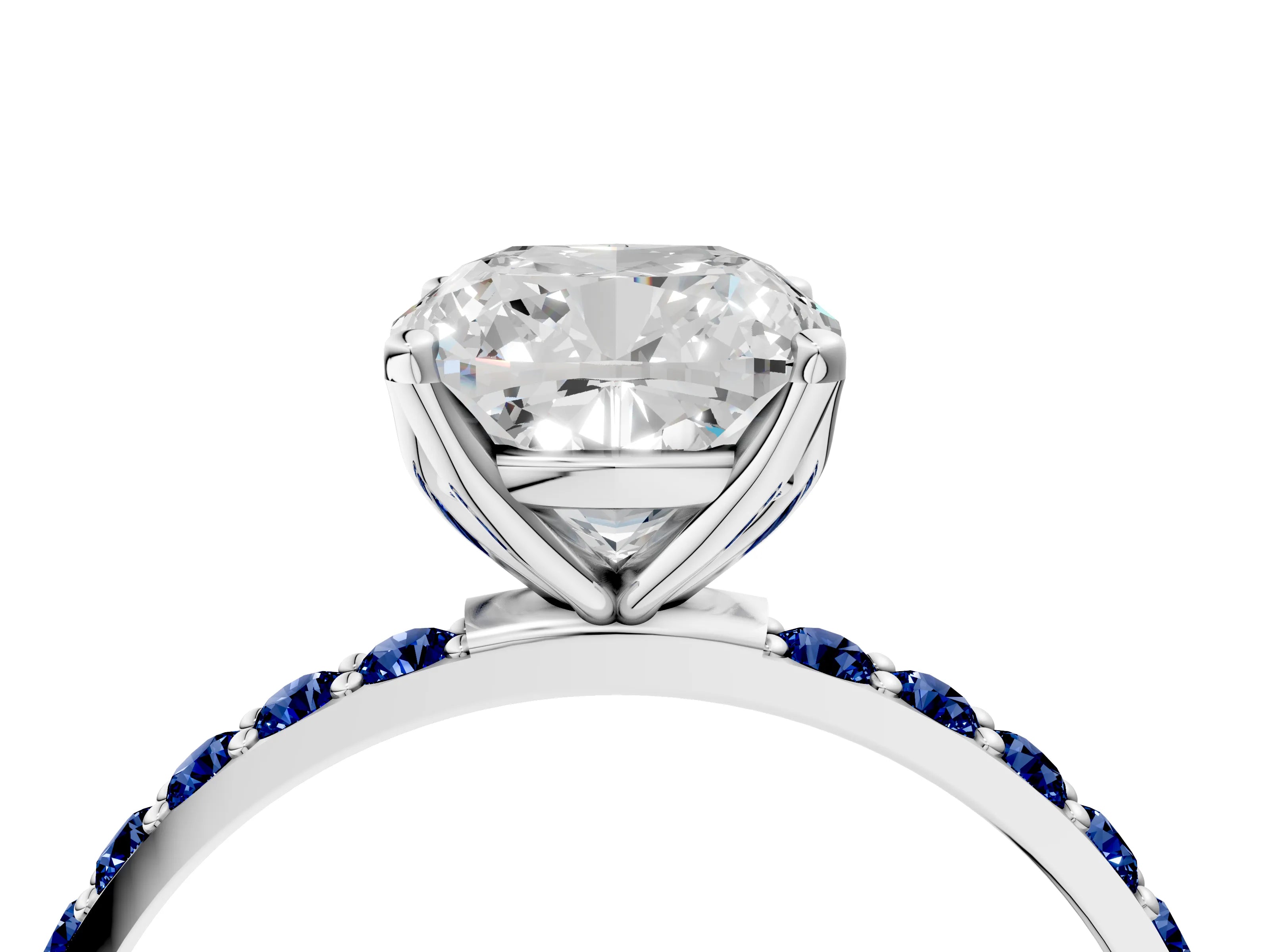 White gold Cushion Cut Diamond Solitaire Engagement Ring with Round with Blue Sapphire side stone Pavé Band and Prong Setting_28