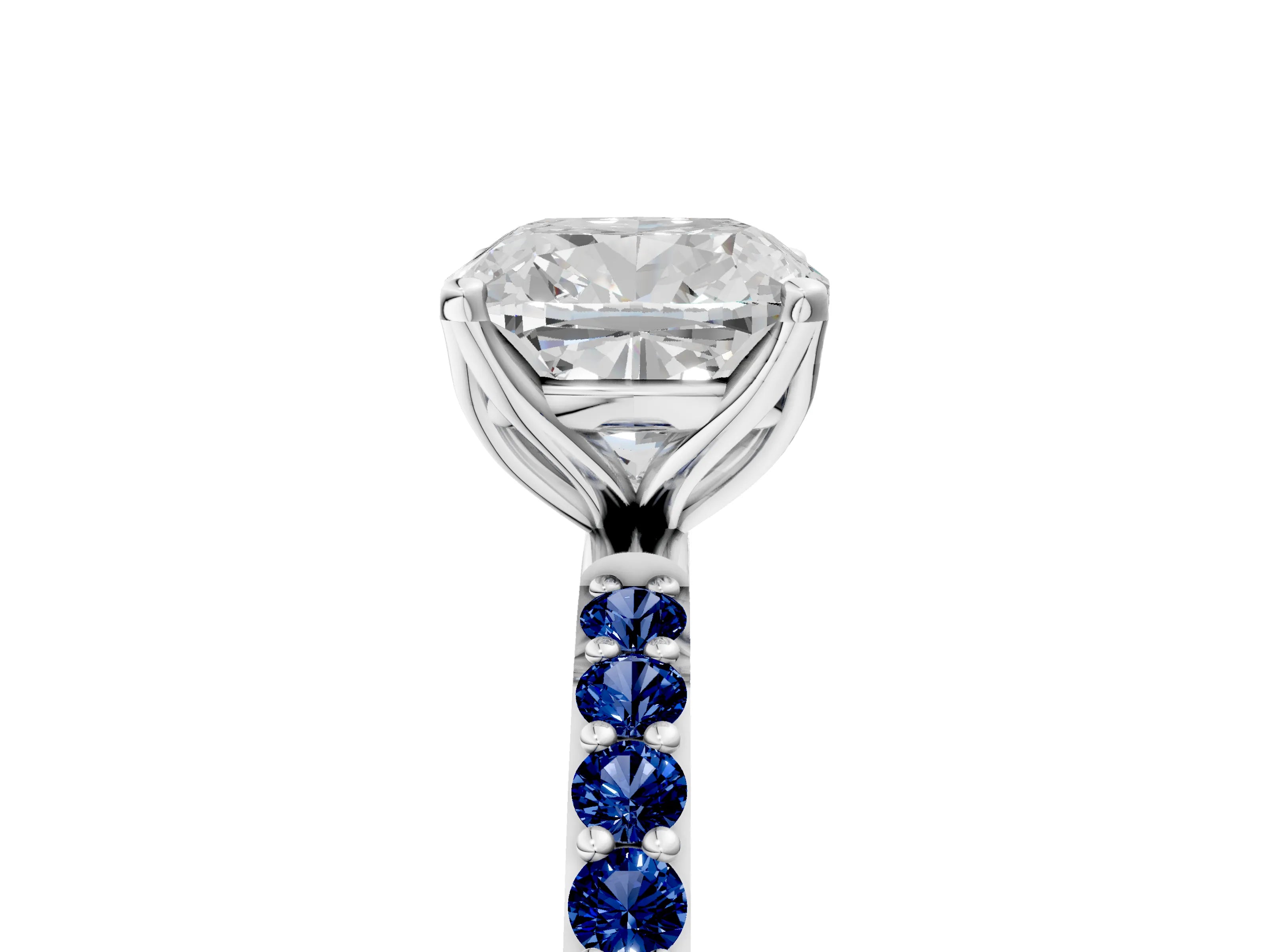 White gold Cushion Cut Diamond Solitaire Engagement Ring with Round with Blue Sapphire side stone Pavé Band and Prong Setting_29