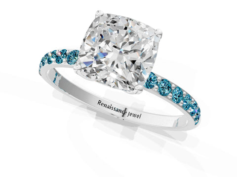 White gold Cushion Cut Diamond Solitaire Engagement Ring with Round with Blue Topaz side stone Pavé Band and Prong Setting_13