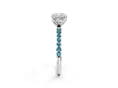 White gold Cushion Cut Diamond Solitaire Engagement Ring with Round with Blue Topaz side stone Pavé Band and Prong Setting_14