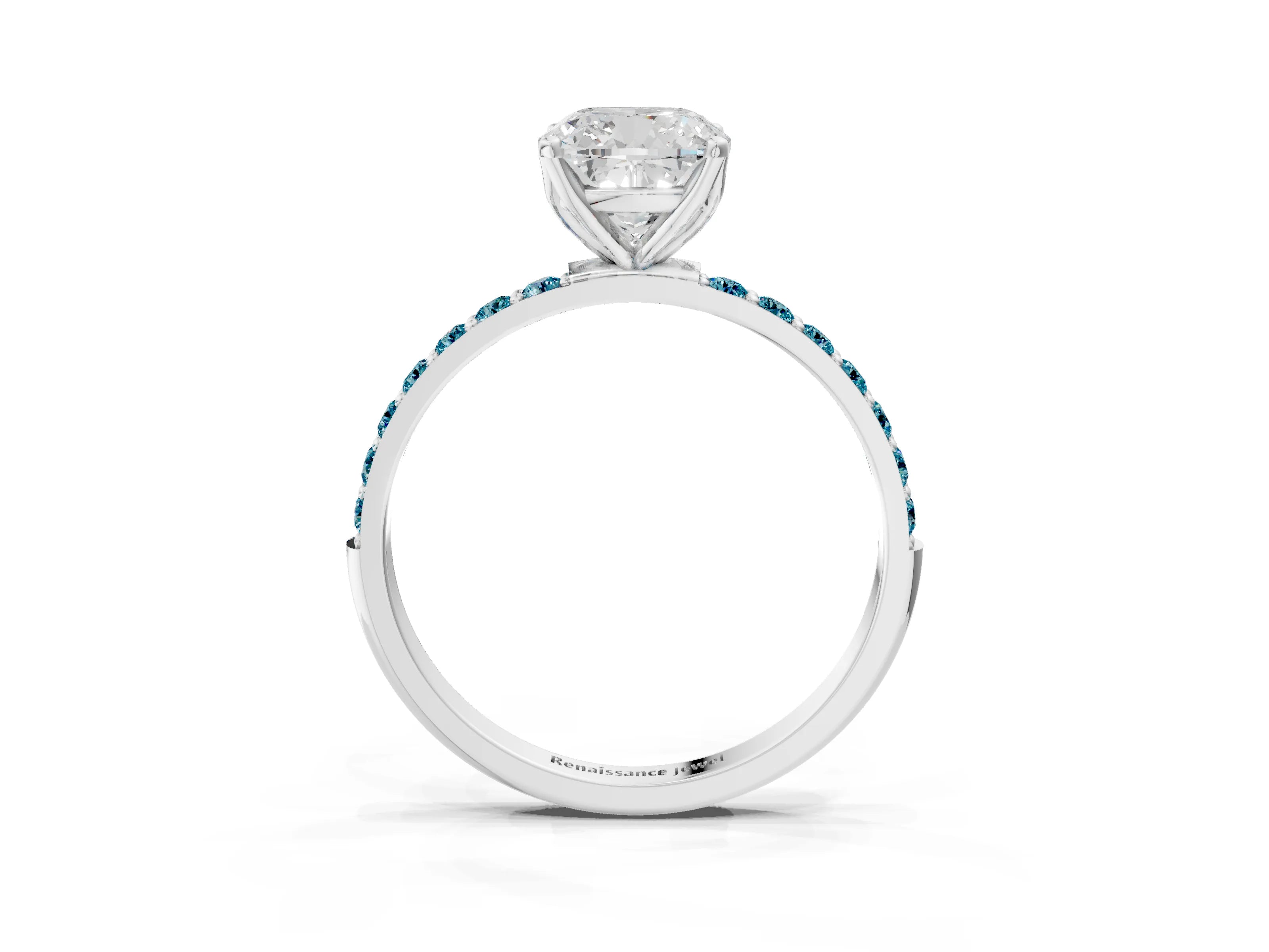 White gold Cushion Cut Diamond Solitaire Engagement Ring with Round with Blue Topaz side stone Pavé Band and Prong Setting_15