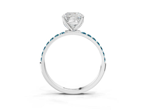White gold Cushion Cut Diamond Solitaire Engagement Ring with Round with Blue Topaz side stone Pavé Band and Prong Setting_15