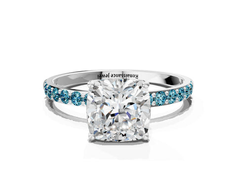 White gold Cushion Cut Diamond Solitaire Engagement Ring with Round with Blue Topaz side stone Pavé Band and Prong Setting_24