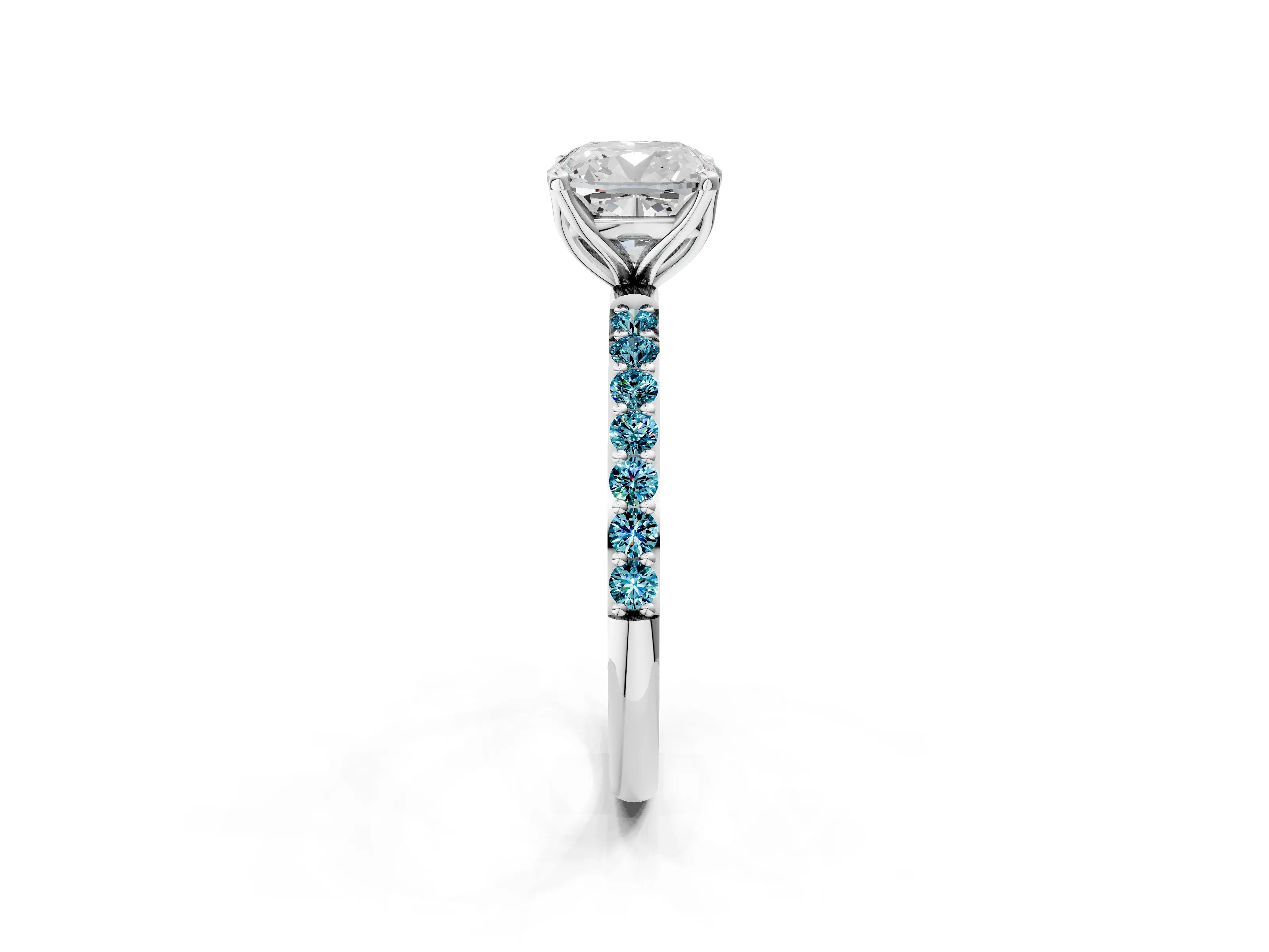 White gold Cushion Cut Diamond Solitaire Engagement Ring with Round with Blue Topaz side stone Pavé Band and Prong Setting_26