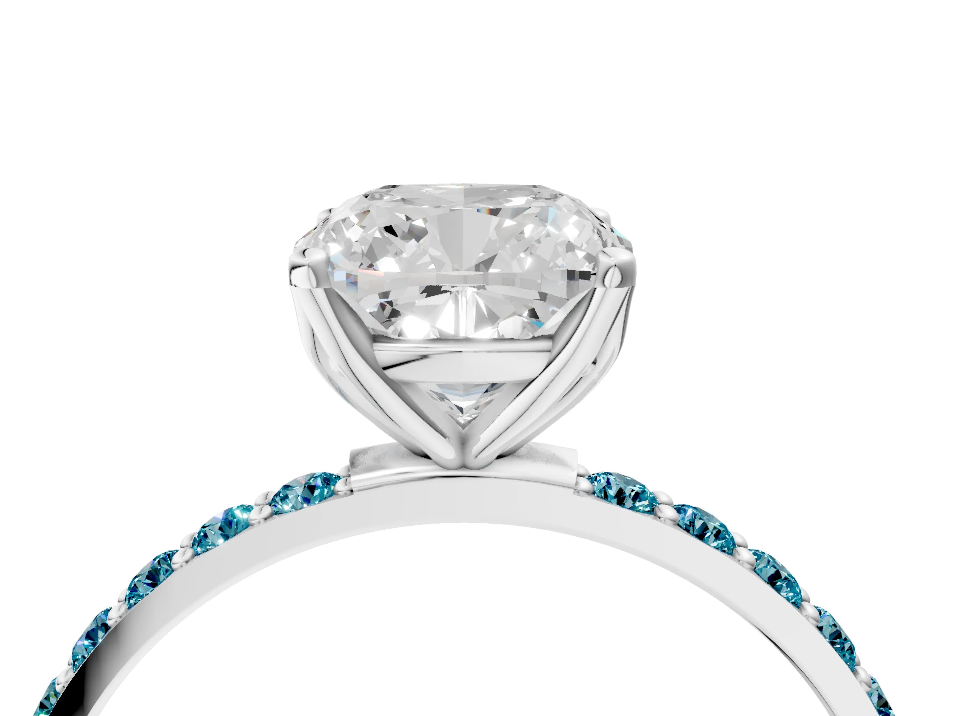 White gold Cushion Cut Diamond Solitaire Engagement Ring with Round with Blue Topaz side stone Pavé Band and Prong Setting_28