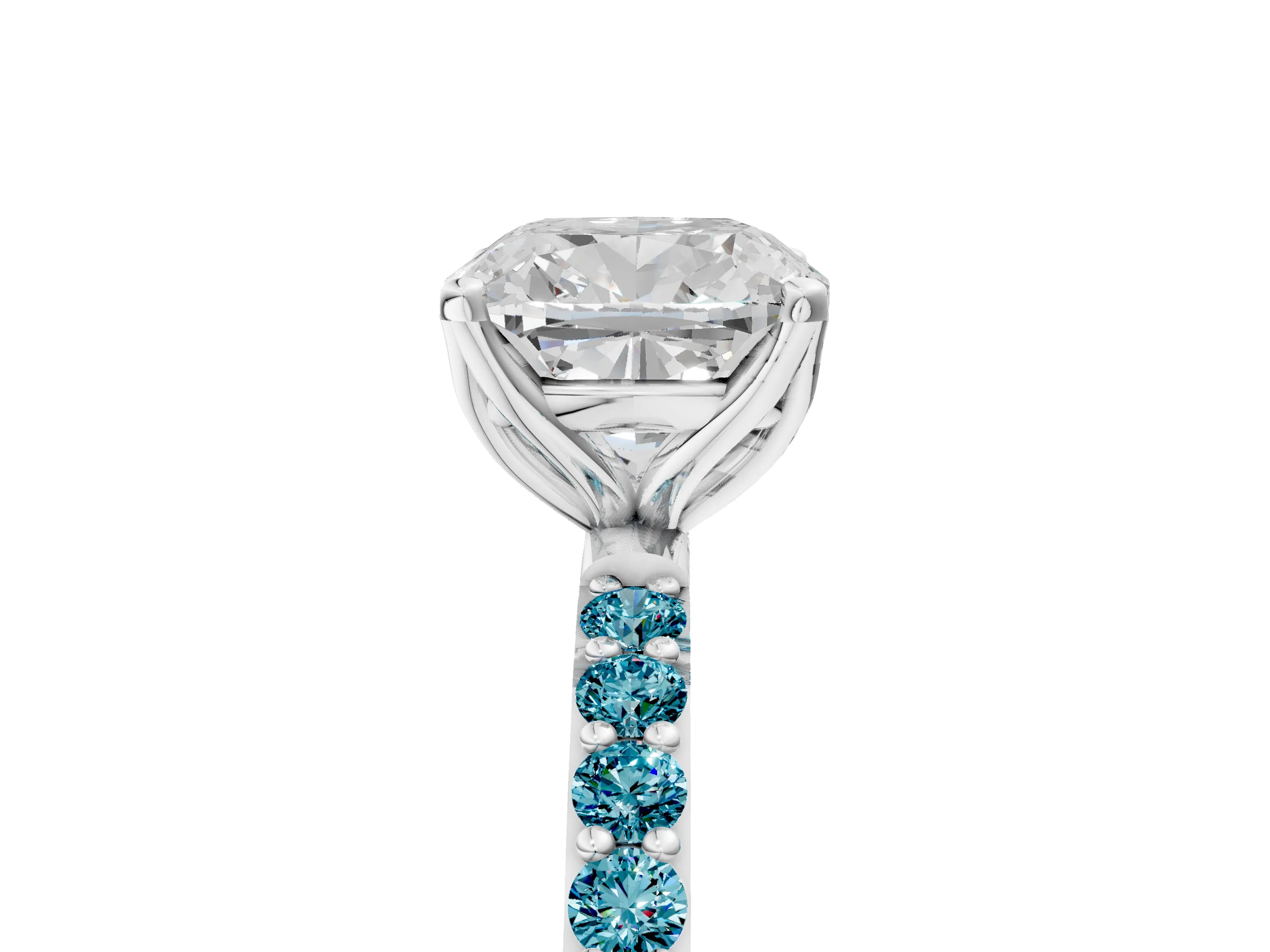 White gold Cushion Cut Diamond Solitaire Engagement Ring with Round with Blue Topaz side stone Pavé Band and Prong Setting_29