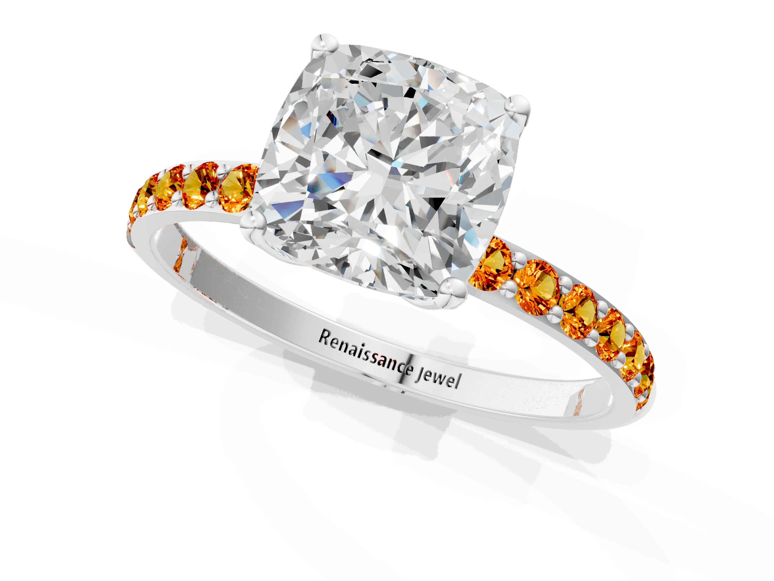 White gold Cushion Cut Diamond Solitaire Engagement Ring with Round with Citrine side stone Pavé Band and Prong Setting_1