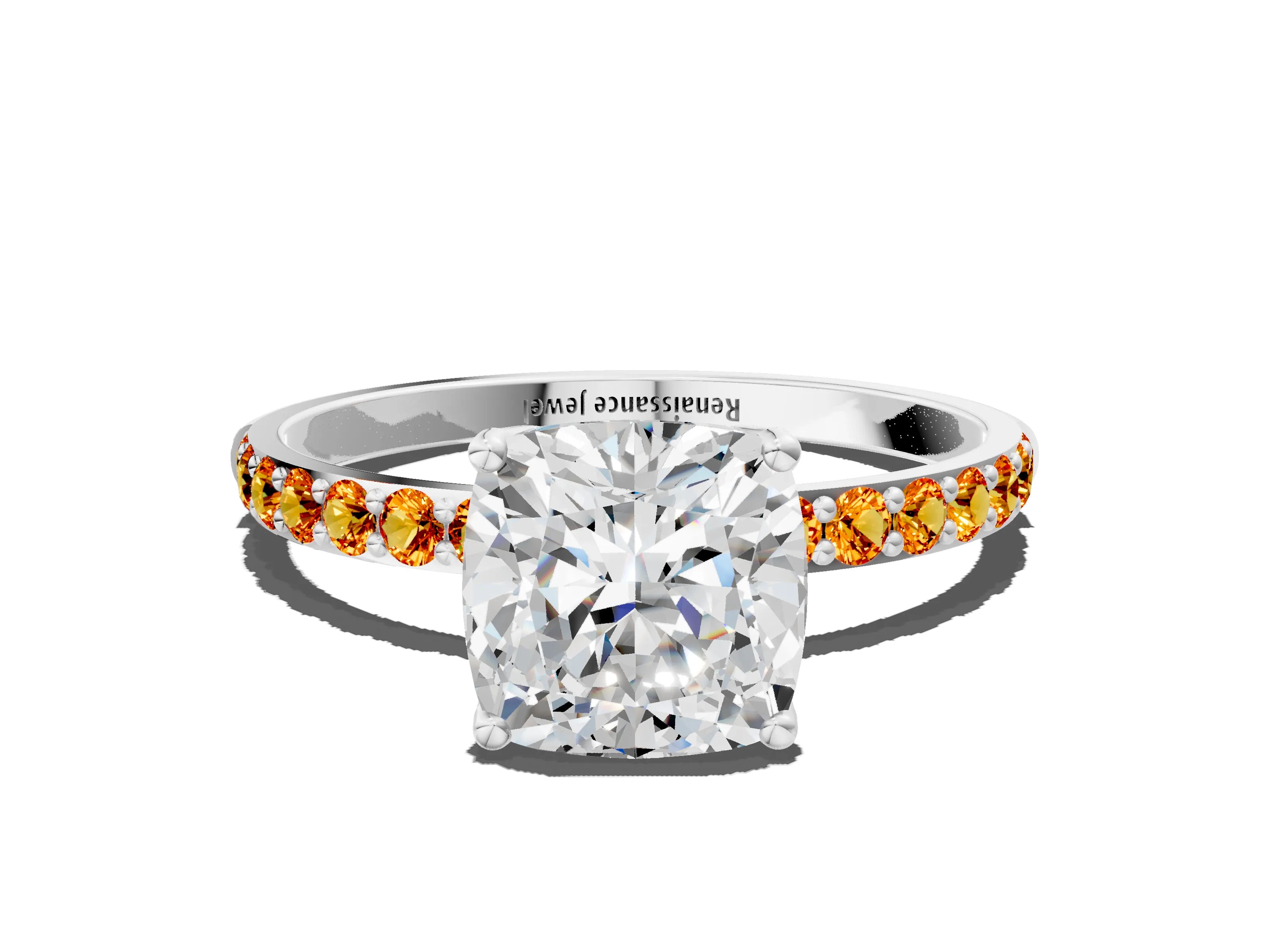 White gold Cushion Cut Diamond Solitaire Engagement Ring with Round with Citrine side stone Pavé Band and Prong Setting_12