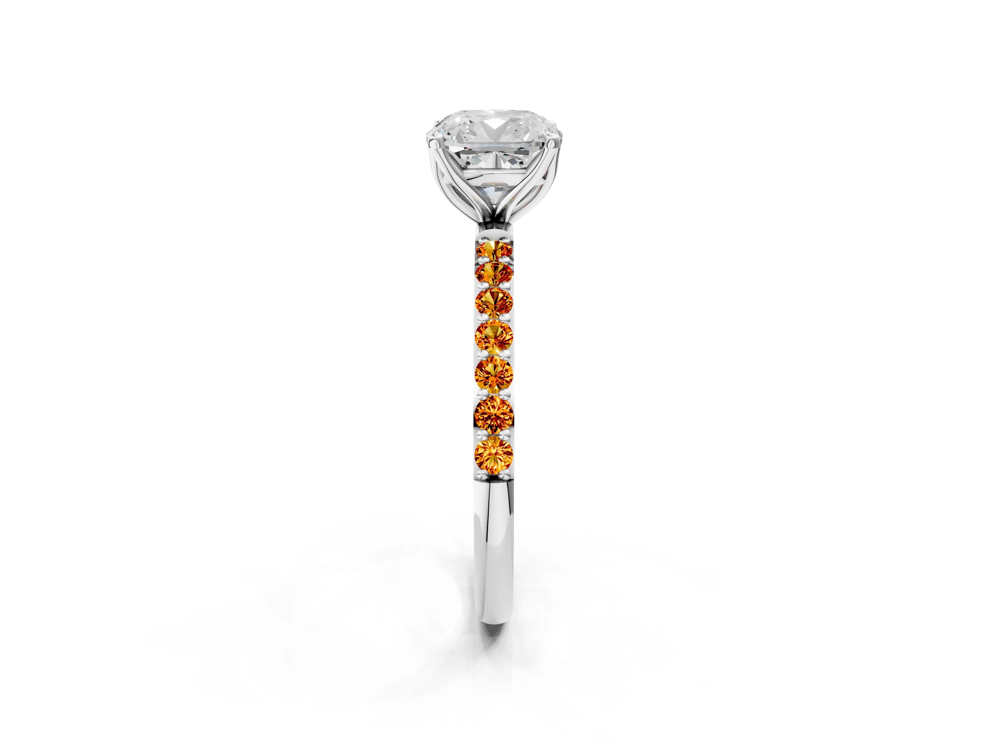 White gold Cushion Cut Diamond Solitaire Engagement Ring with Round with Citrine side stone Pavé Band and Prong Setting_14