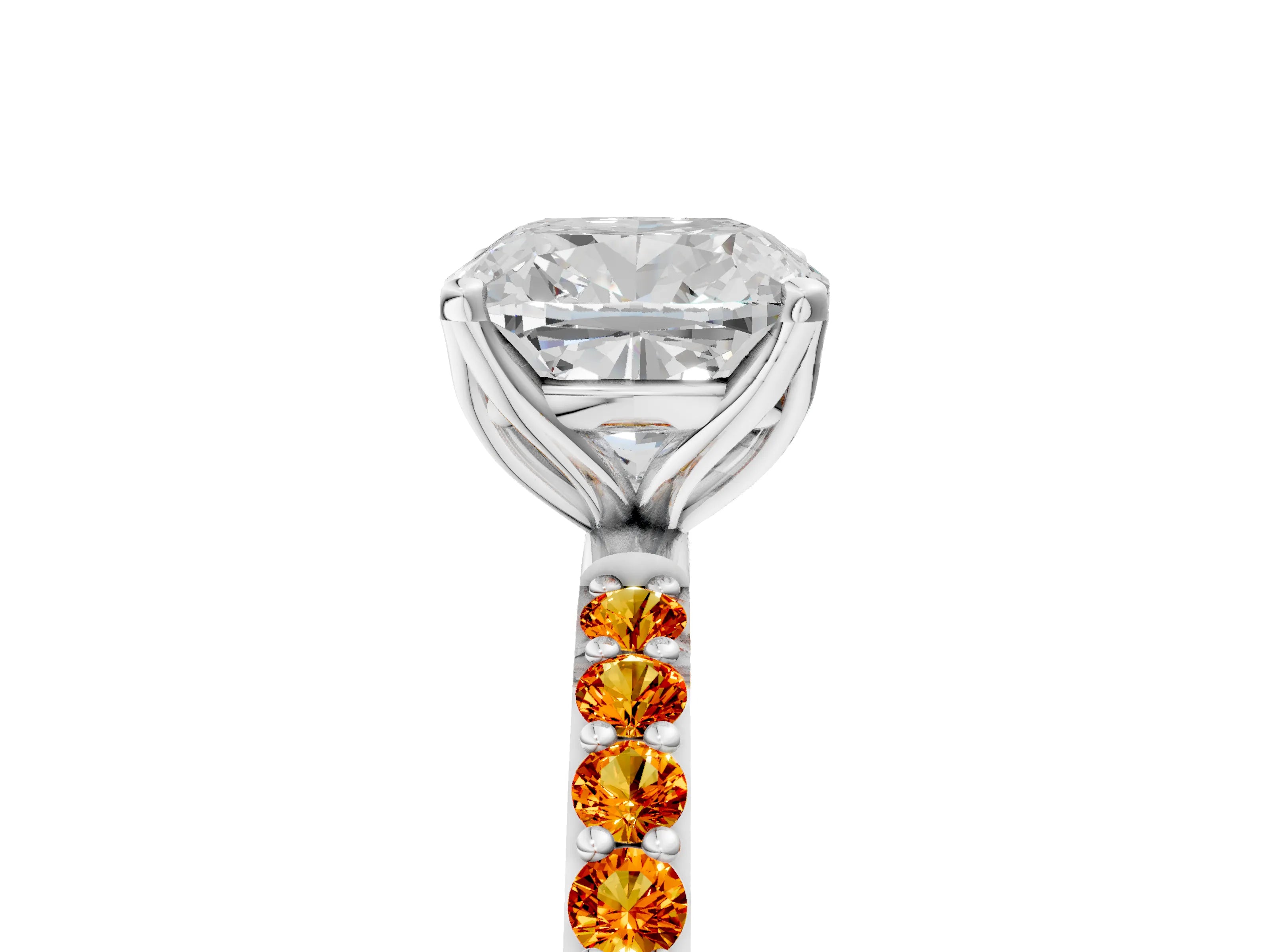 White gold Cushion Cut Diamond Solitaire Engagement Ring with Round with Citrine side stone Pavé Band and Prong Setting_17