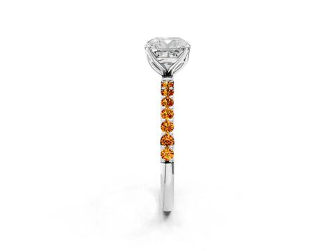 White gold Cushion Cut Diamond Solitaire Engagement Ring with Round with Citrine side stone Pavé Band and Prong Setting_2