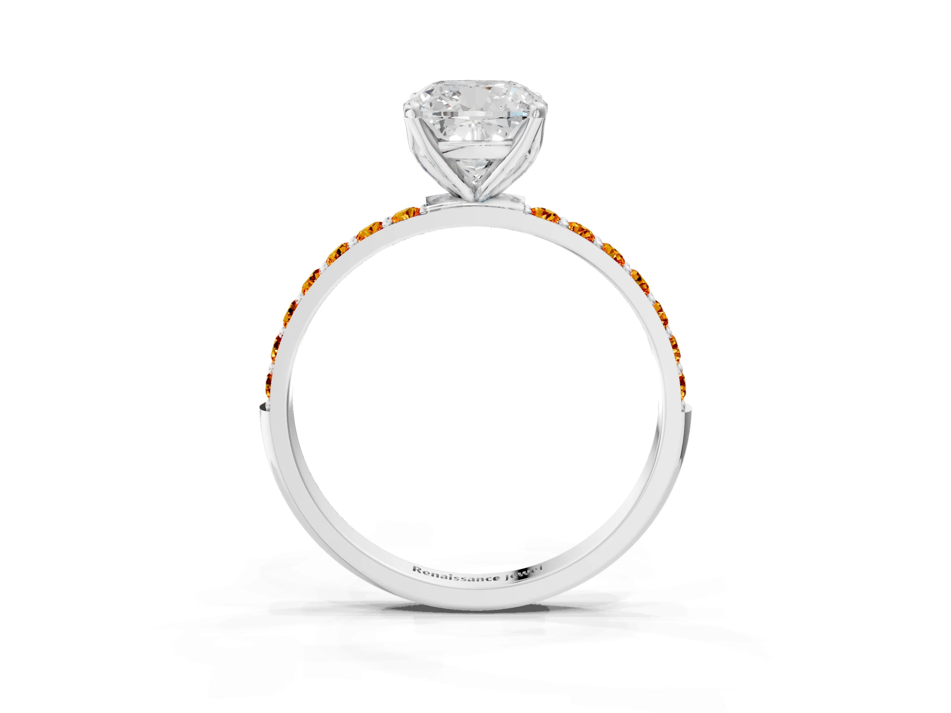 White gold Cushion Cut Diamond Solitaire Engagement Ring with Round with Citrine side stone Pavé Band and Prong Setting_3