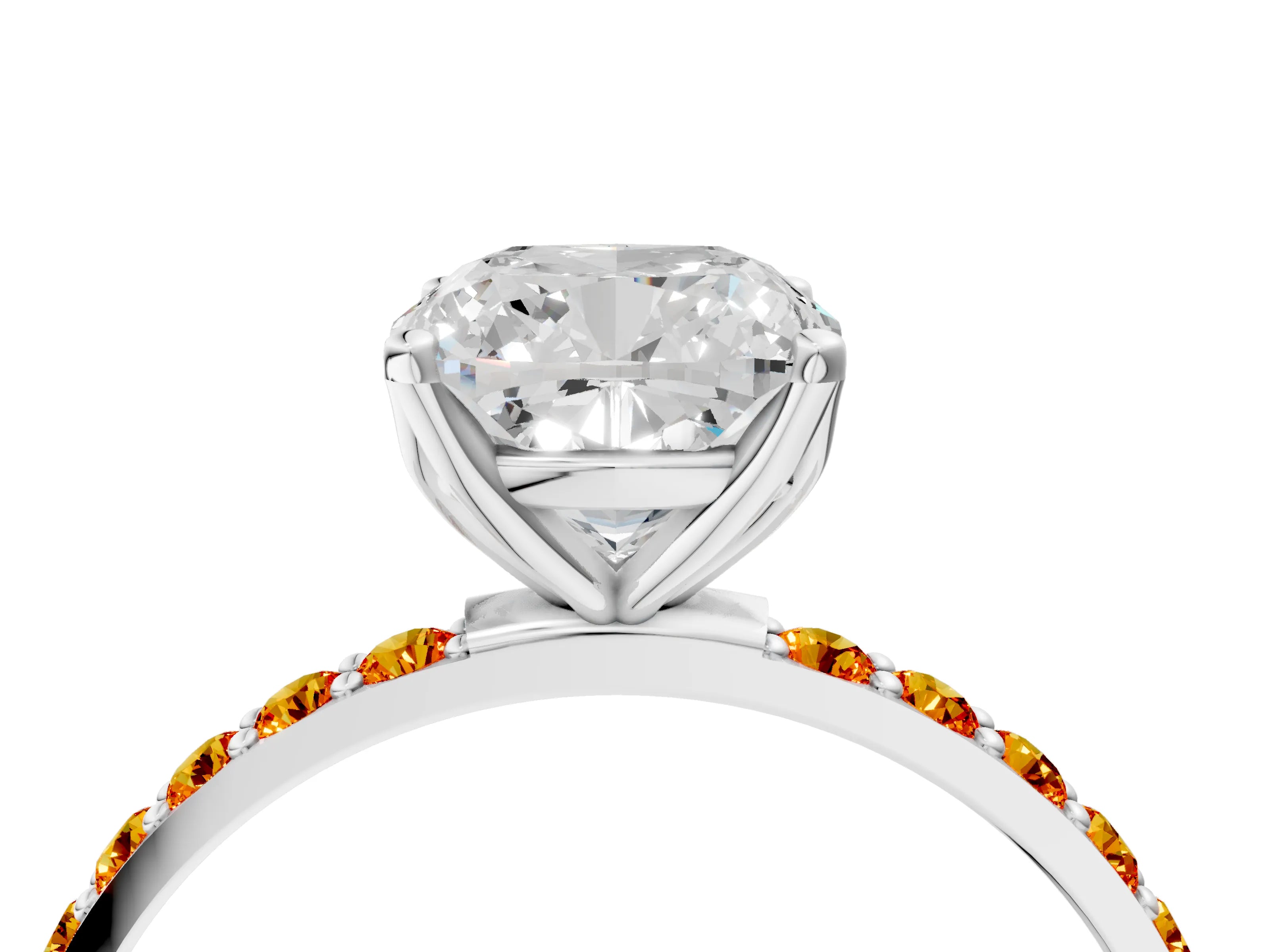 White gold Cushion Cut Diamond Solitaire Engagement Ring with Round with Citrine side stone Pavé Band and Prong Setting_4
