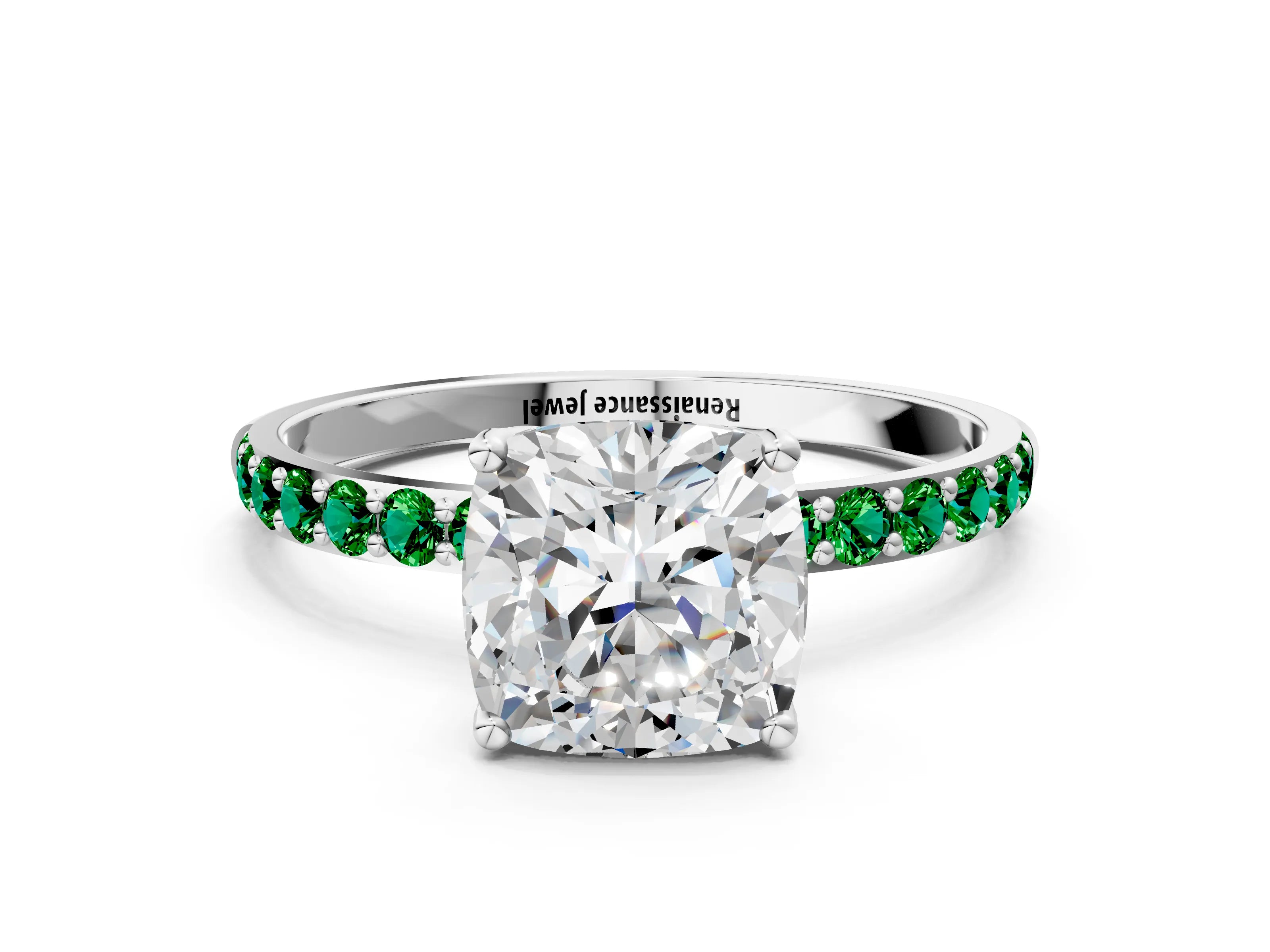 White gold Cushion Cut Diamond Solitaire Engagement Ring with Round with Emerald side stone Pavé Band and Prong Setting_12