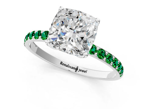 White gold Cushion Cut Diamond Solitaire Engagement Ring with Round with Emerald side stone Pavé Band and Prong Setting_13