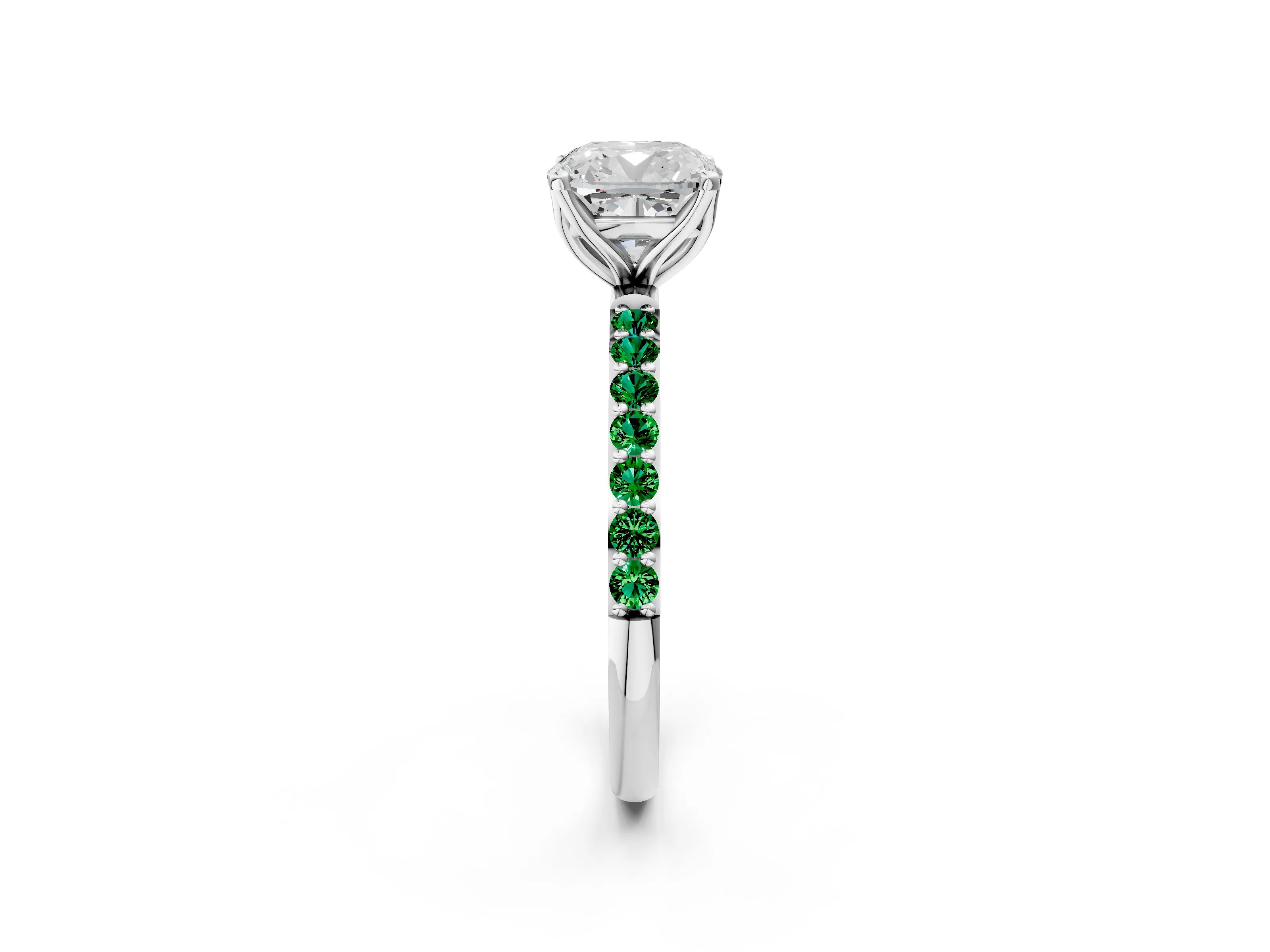 White gold Cushion Cut Diamond Solitaire Engagement Ring with Round with Emerald side stone Pavé Band and Prong Setting_14