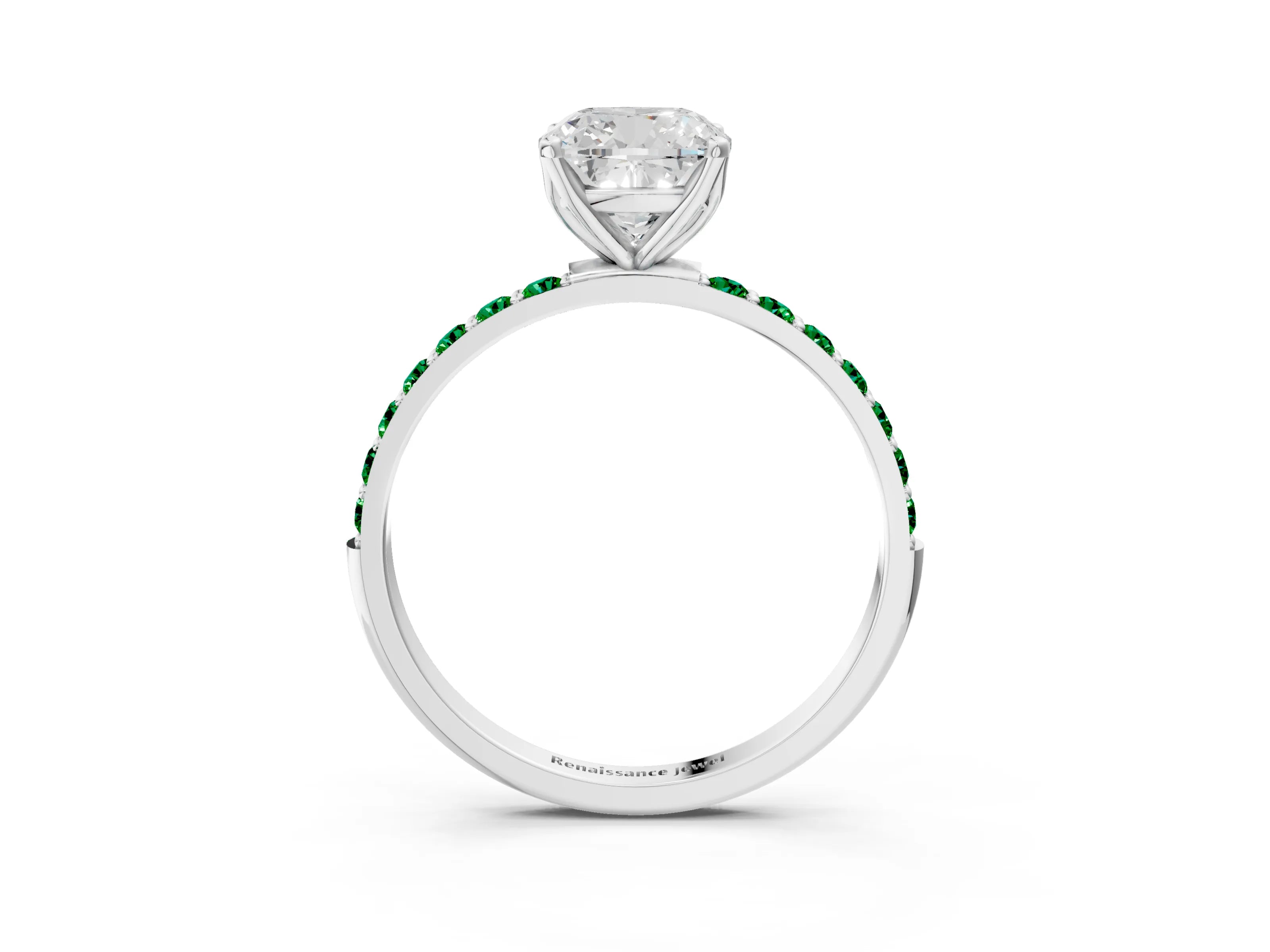 White gold Cushion Cut Diamond Solitaire Engagement Ring with Round with Emerald side stone Pavé Band and Prong Setting_15