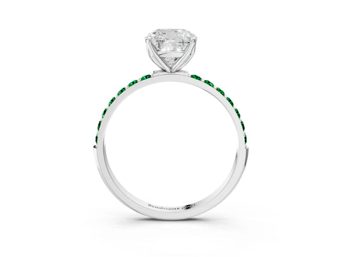 White gold Cushion Cut Diamond Solitaire Engagement Ring with Round with Emerald side stone Pavé Band and Prong Setting_15