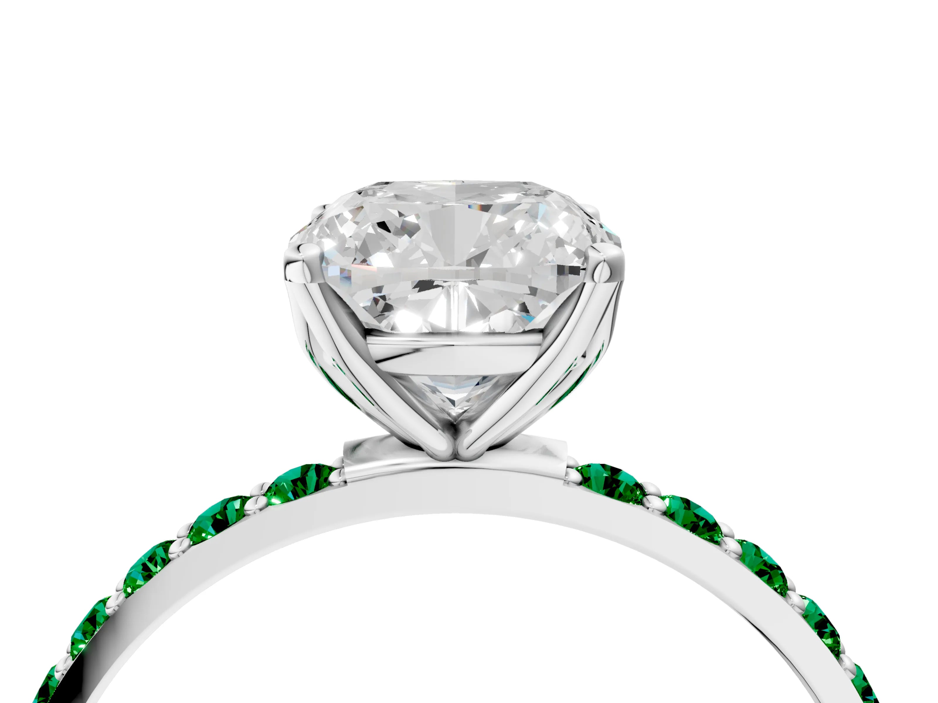 White gold Cushion Cut Diamond Solitaire Engagement Ring with Round with Emerald side stone Pavé Band and Prong Setting_16
