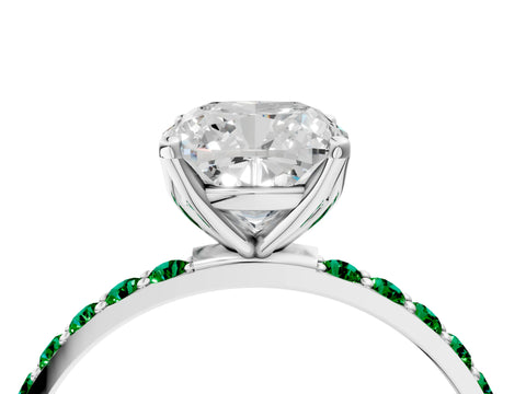 White gold Cushion Cut Diamond Solitaire Engagement Ring with Round with Emerald side stone Pavé Band and Prong Setting_16