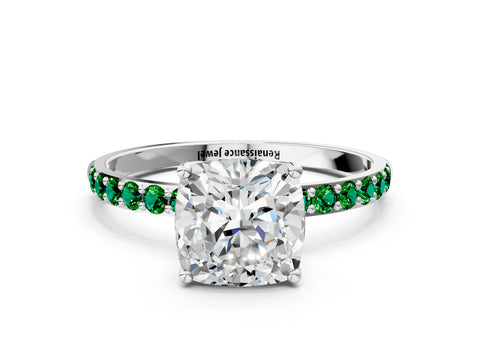 White gold Cushion Cut Diamond Solitaire Engagement Ring with Round with Emerald side stone Pavé Band and Prong Setting_24