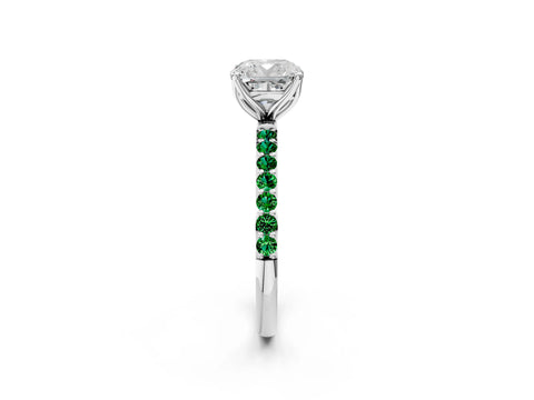 White gold Cushion Cut Diamond Solitaire Engagement Ring with Round with Emerald side stone Pavé Band and Prong Setting_26