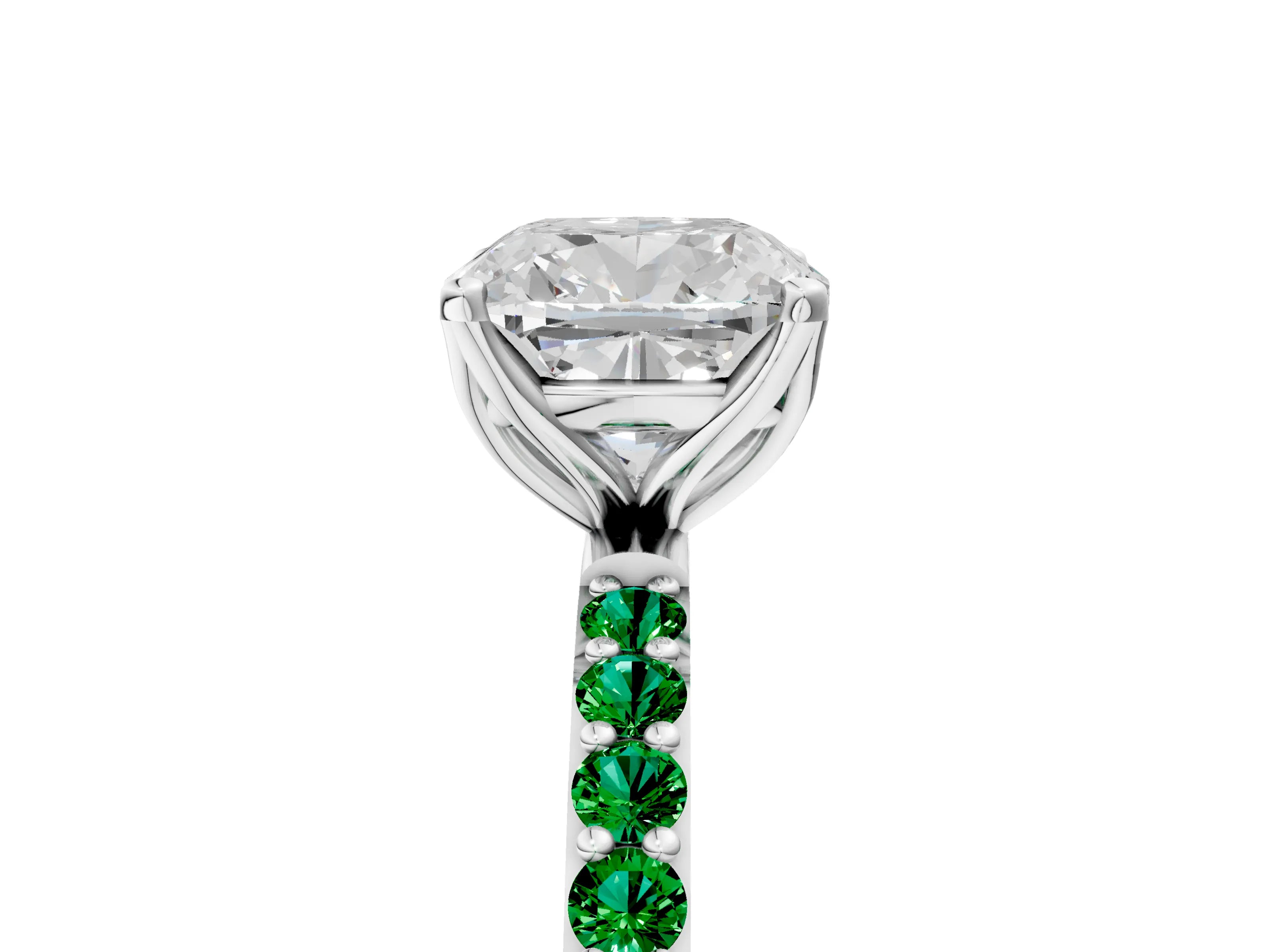 White gold Cushion Cut Diamond Solitaire Engagement Ring with Round with Emerald side stone Pavé Band and Prong Setting_29