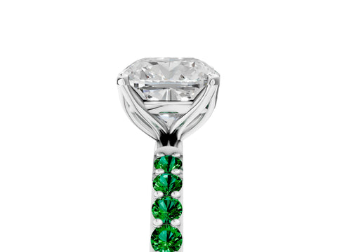 White gold Cushion Cut Diamond Solitaire Engagement Ring with Round with Emerald side stone Pavé Band and Prong Setting_29