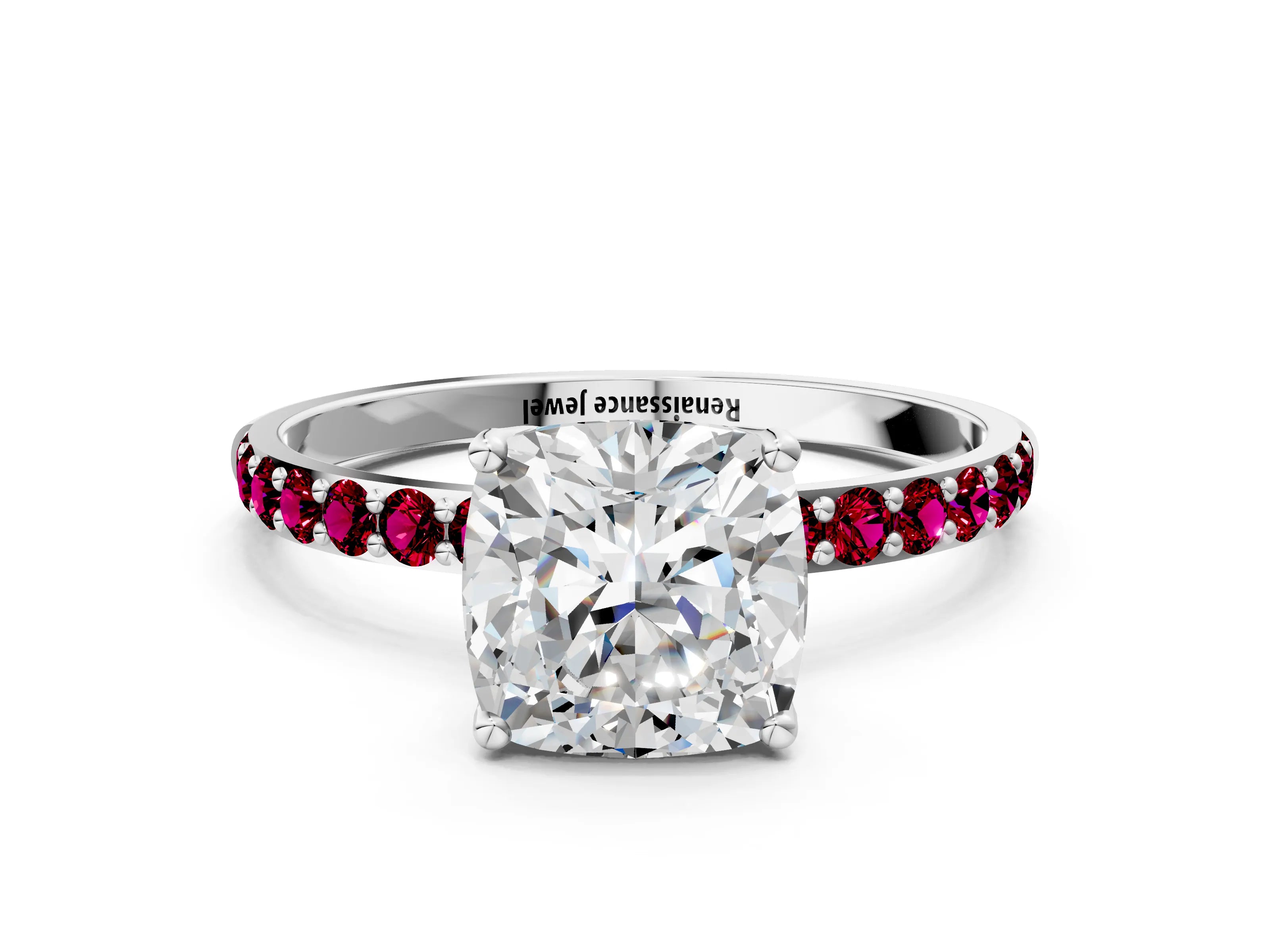 White gold Cushion Cut Diamond Solitaire Engagement Ring with Round with Garnet side stone Pavé Band and Prong Setting_12