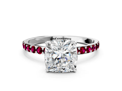 White gold Cushion Cut Diamond Solitaire Engagement Ring with Round with Garnet side stone Pavé Band and Prong Setting_12
